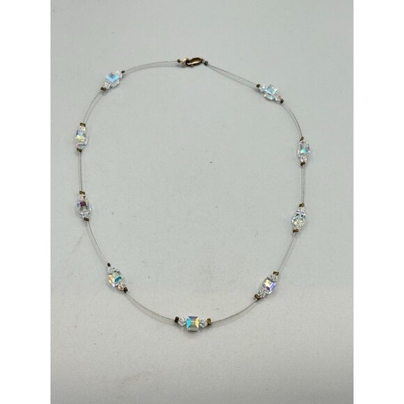 Aurora Borealis Crystal Necklace Spaced Station Delicate Silver 925 Clasp - Picture 3 of 8